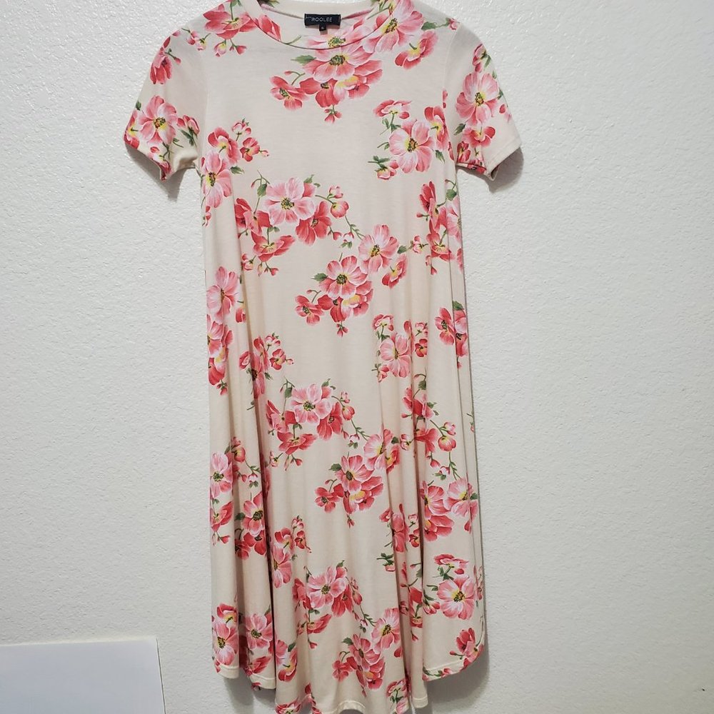 Roolee Cream Pink floral t shirt dress modest